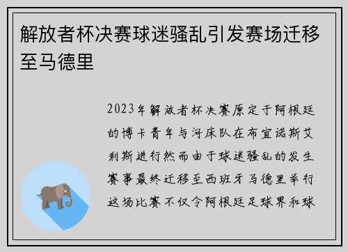 解放者杯决赛球迷骚乱引发赛场迁移至马德里