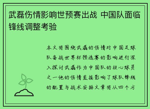 武磊伤情影响世预赛出战 中国队面临锋线调整考验